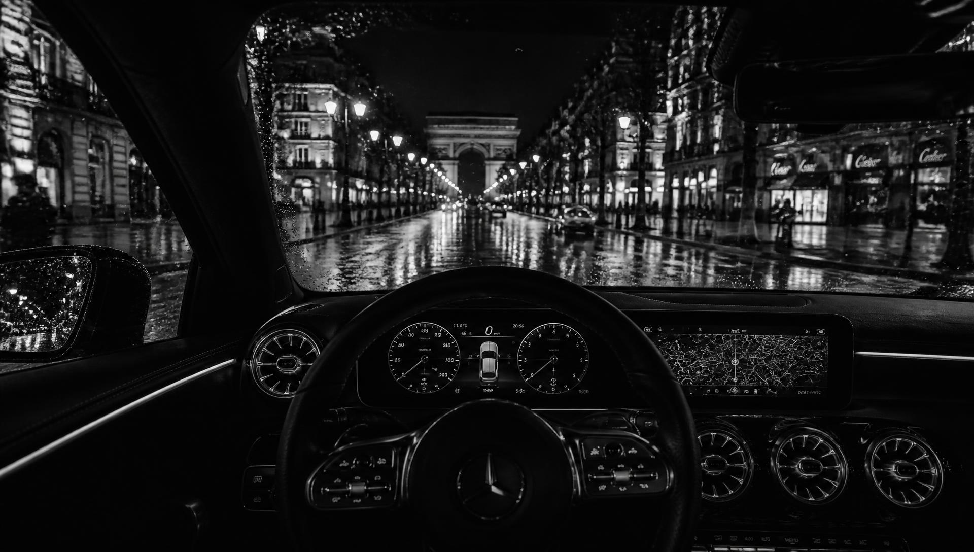 Vue depuis le poste de conduite sur une avenue parisienne de nuit sous la pluie